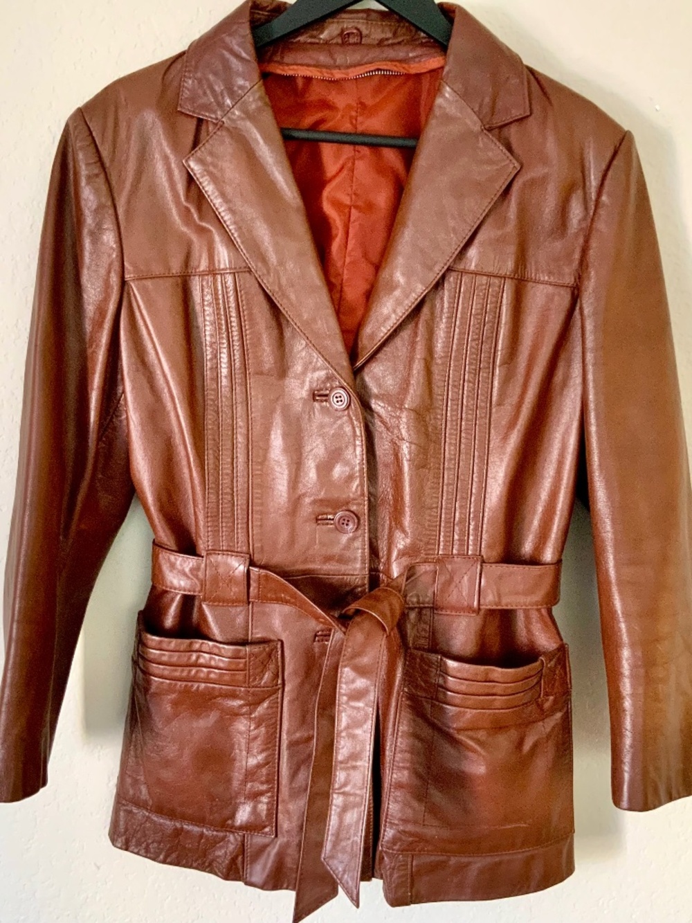 VINTAGE! Leather Jacket Womens Belted Size Medium Brown Bermens Pleated